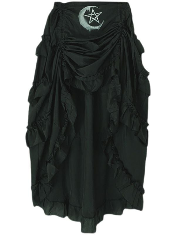 Drawstring Hem Punk Black Ruffles High-low Skirt