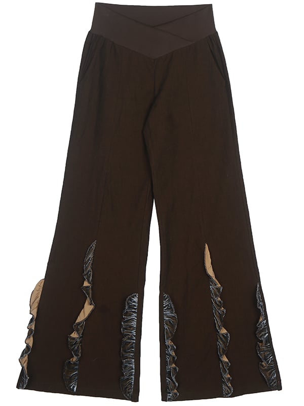 Dark Brown Cross-over Waistband Wide Leg Pants Ruffles Hem
