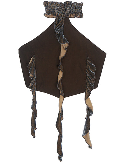 Coffee Ruffled Cropped Halter Top with Fringe
