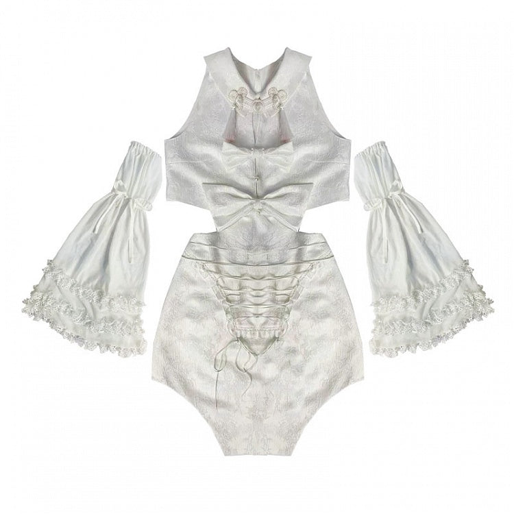 White Detachable Sleeveless Dress and Sleeves Set