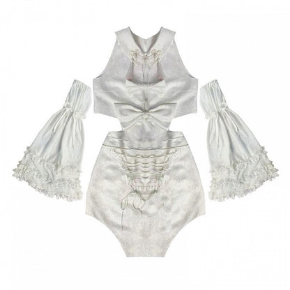 White Detachable Sleeveless Dress and Sleeves Set