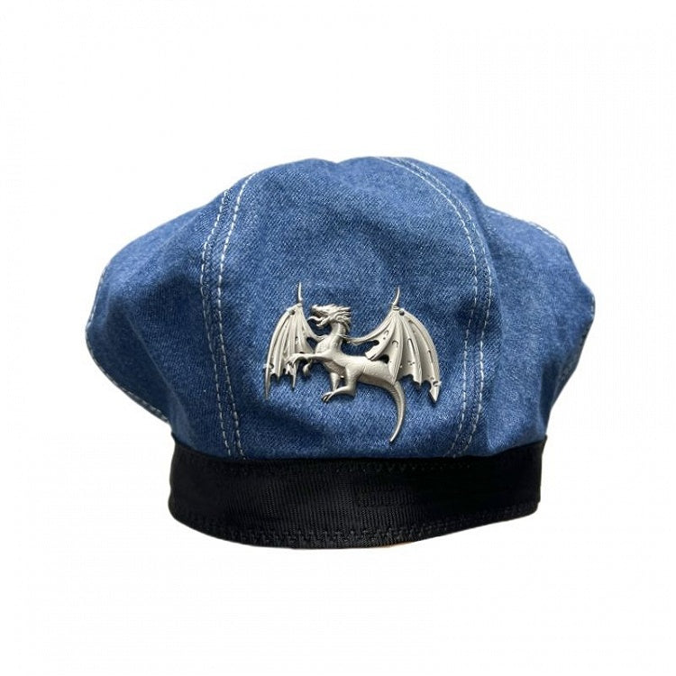Dragon Decorated Blue Denim Beret