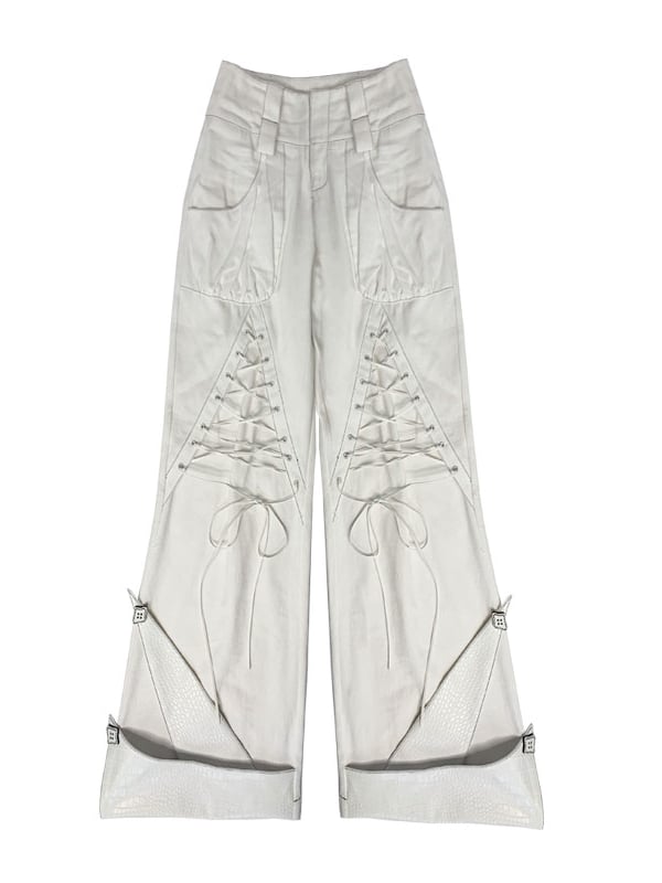 Lace-up Details White Denim Pants Double Waistband (Waistbelts Not Included)