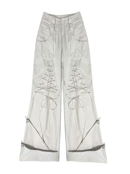 Lace-up Details White Denim Pants Double Waistband (Waistbelts Not Included)