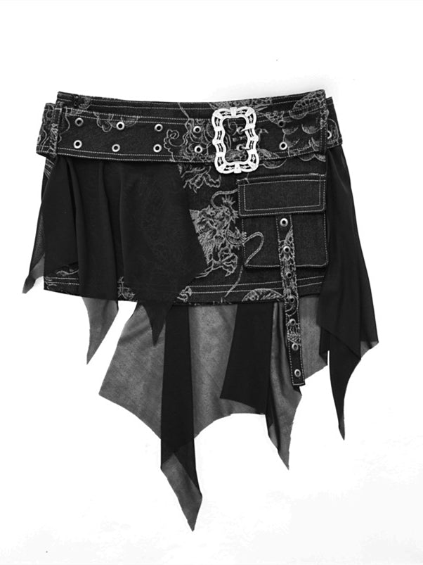 Punk Black Denim Mini Skirt with Dragon Pattern Coachella Outfits
