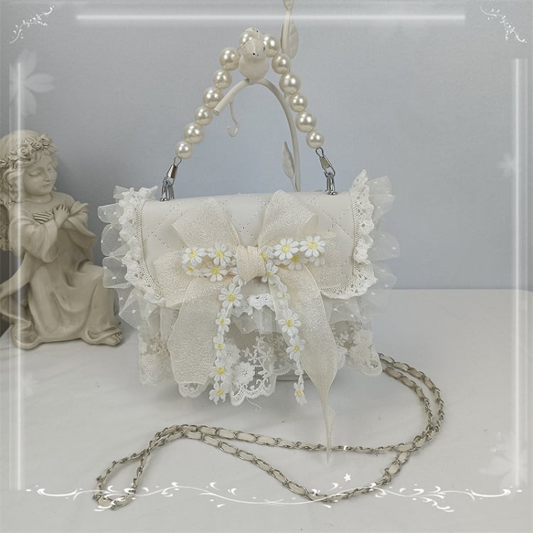 Lace Trim Floral Design Bow White / Beige Shoulder Bag