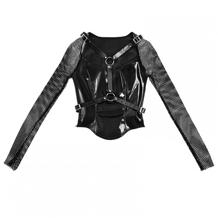 Fishnet Sleeves Black PU Top with Wings Design Straps Coachella Outfits