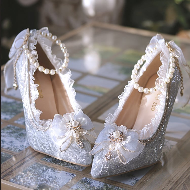 Beads Decorated Lace Trim Glittering Silver Grey 6CM/8CM High Heels