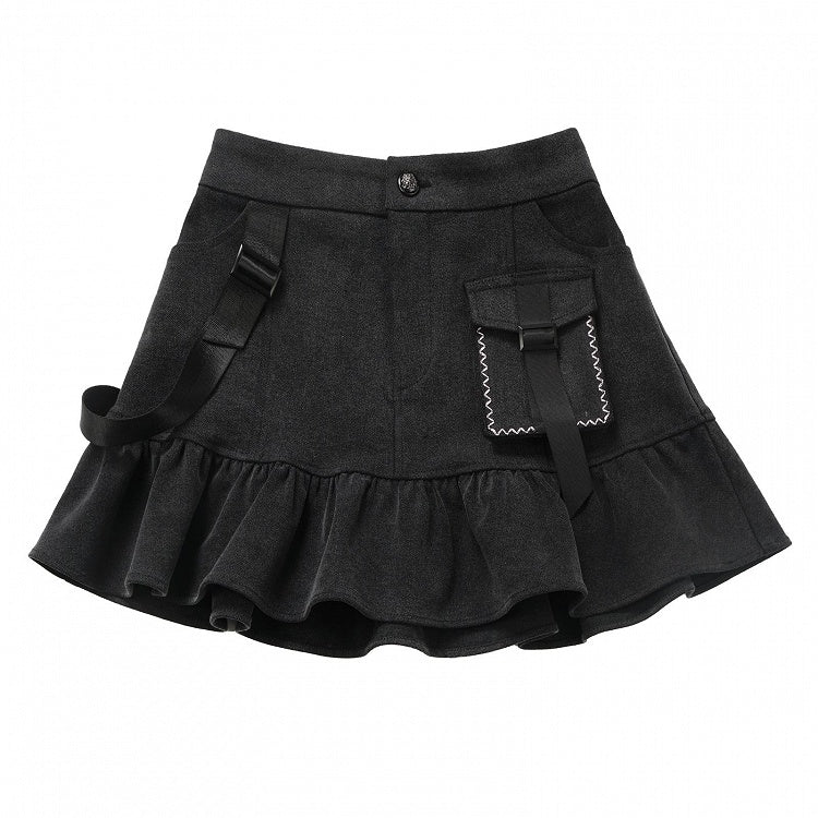 Dark Gray Ruffle Hem Denim Mini Skirt
