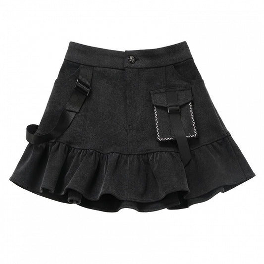 Dark Gray Ruffle Hem Denim Mini Skirt