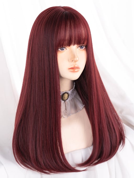 Clearance-Rose Red Long Straight Synthetic Wig