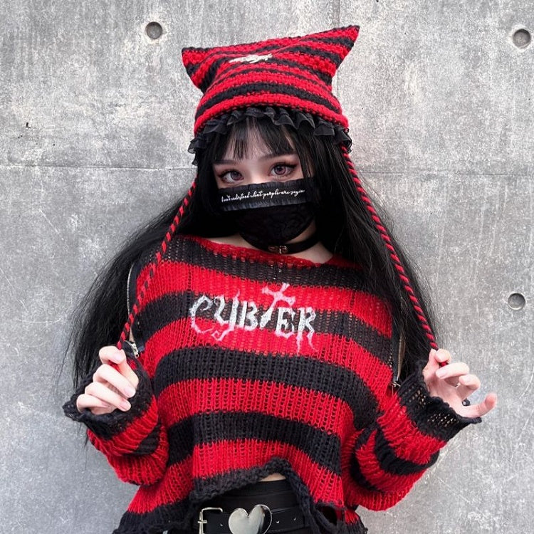 Punk White/ Red Cat Ear Design Knitted Hat