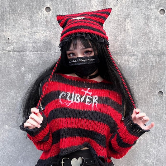 Punk White/ Red Cat Ear Design Knitted Hat