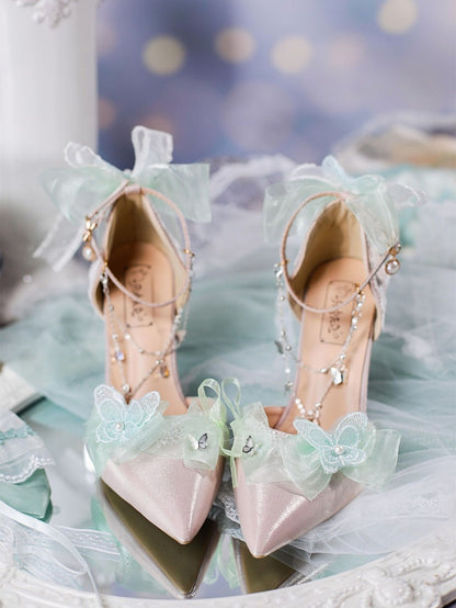 Shadow Between Flowers Butterflies Decorated Light Green 5cm/8cm Hime Lolita High Heels
