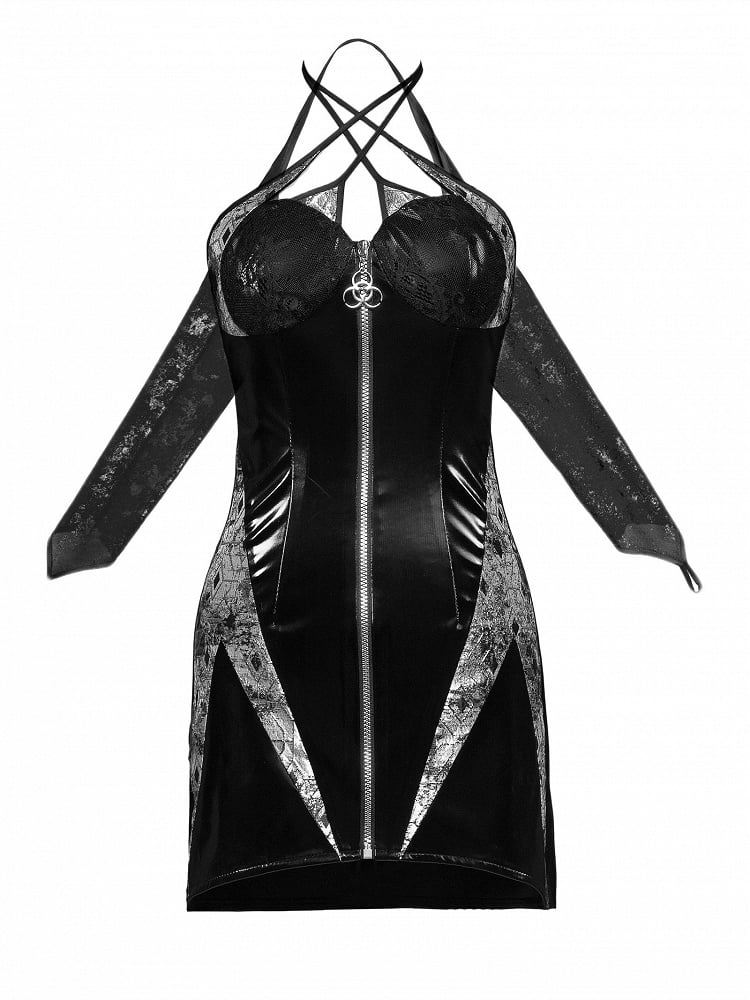 Black PU Halter Neck Zip Closure Dress + Chiffon Oversleeves Set Ashnikko Concert Outfits