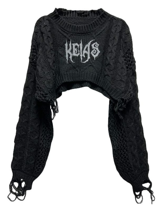 Clearance -Free Size for Bust 120CM Black Punk Round Neck Distressed Cropped Sweater