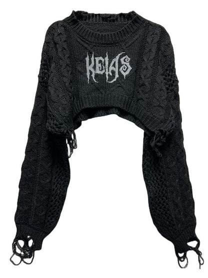 Clearance -Free Size for Bust 120CM Black Punk Round Neck Distressed Cropped Sweater