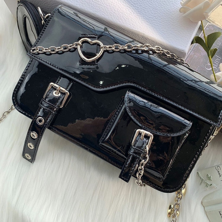 Fold-over Flap Metal Chain Design Shoulder Bag