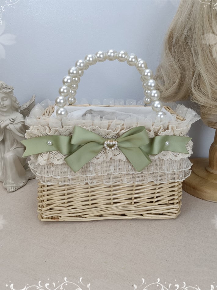 Pink/Green Bow Lace Trim Woven Basket with Beads Handle