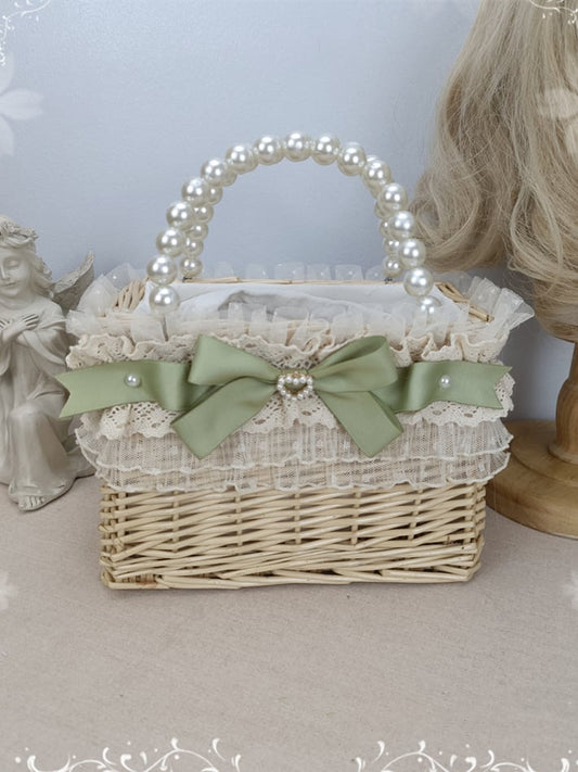 Pink/Green Bow Lace Trim Woven Basket with Beads Handle