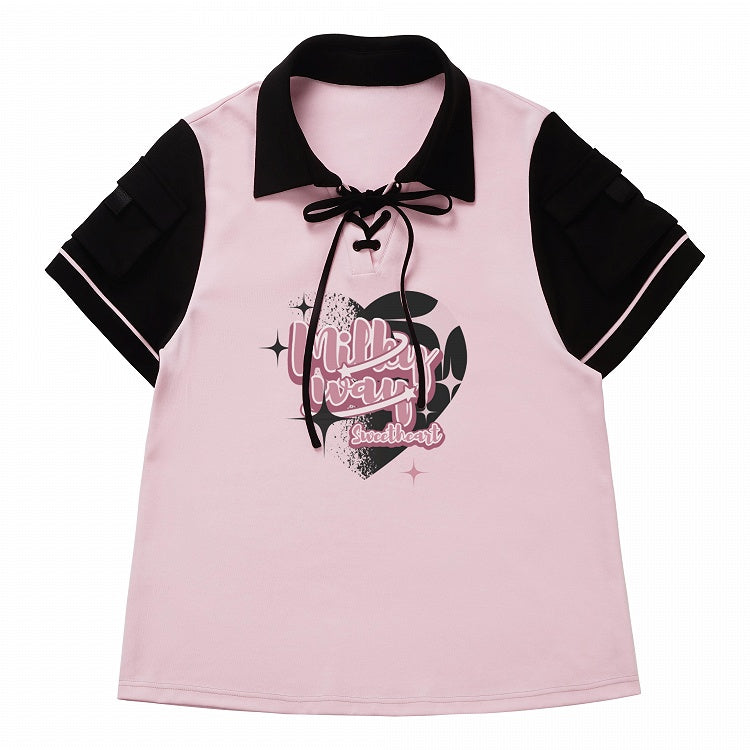 Pink and Black Lace-up Detail Graphic T-shirt