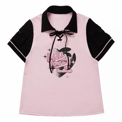 Pink and Black Lace-up Detail Graphic T-shirt