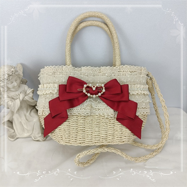 5 Color Options Lace Trim Bow Pastoral Tote Bag