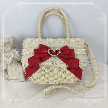 5 Color Options Lace Trim Bow Pastoral Tote Bag