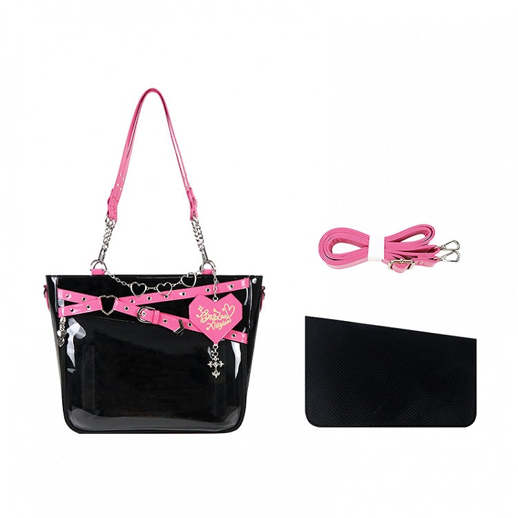 Buckle Strap Design Black and Pink Ita Bag Heart Chain Decorative