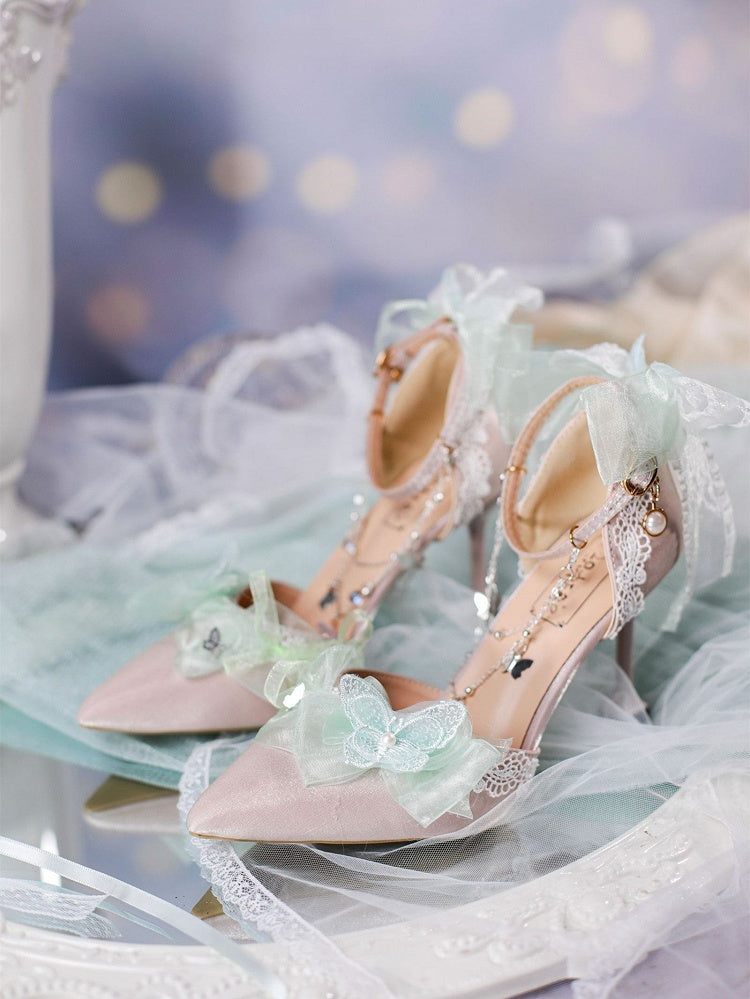 Shadow Between Flowers Butterflies Decorated Light Green 5cm/8cm Hime Lolita High Heels