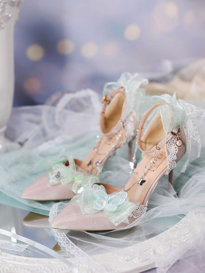 Shadow Between Flowers Butterflies Decorated Light Green 5cm/8cm Hime Lolita High Heels