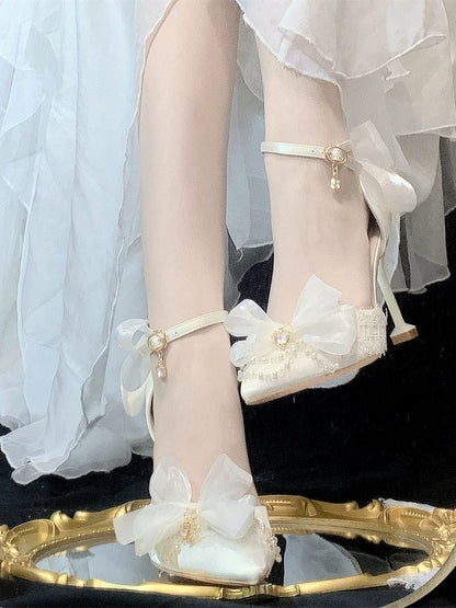 Clearance - Size 37 Rhinestone Decorated White 5CM Ankle Strap High Heels