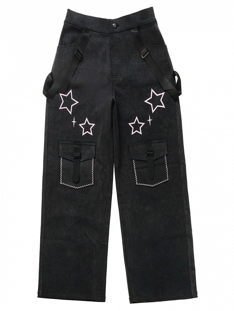 Stars Print Dark Gray Jeans with Straps