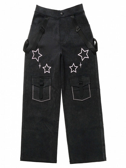 Stars Print Dark Gray Jeans with Straps