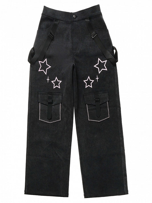 Stars Print Dark Gray Jeans with Straps