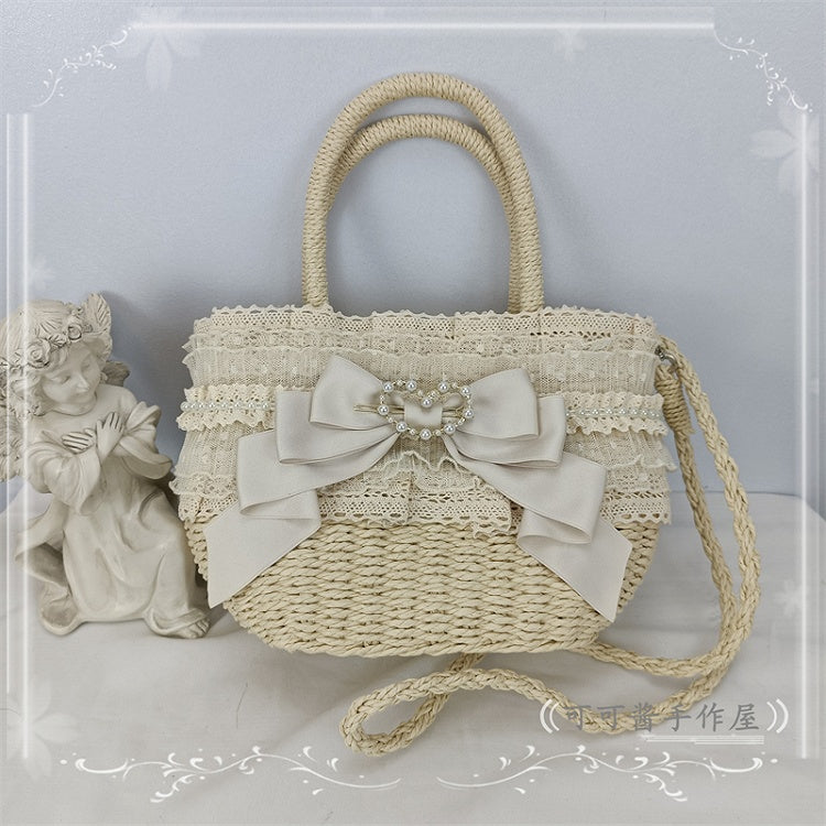 5 Color Options Lace Trim Bow Pastoral Tote Bag