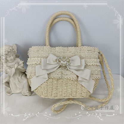 5 Color Options Lace Trim Bow Pastoral Tote Bag