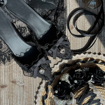 Clearance-Size 38 Lace-up at Ankle Hurry off Lace Design Black 5CM Hime Lolita High Heels