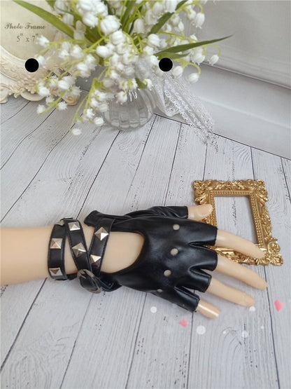 Silver-tone Studs Black / Red / White PU Gloves