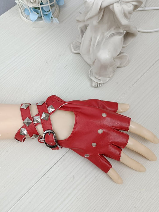 Silver-tone Studs Black / Red / White PU Gloves