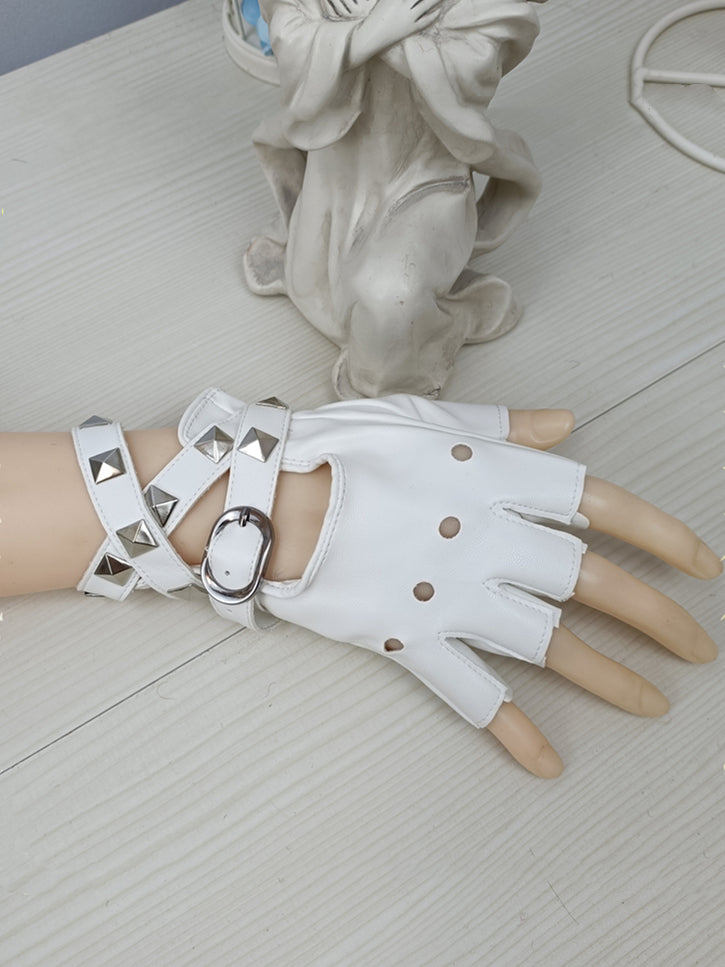 Silver-tone Studs Black / Red / White PU Gloves