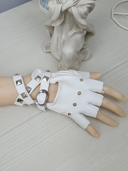 Silver-tone Studs Black / Red / White PU Gloves