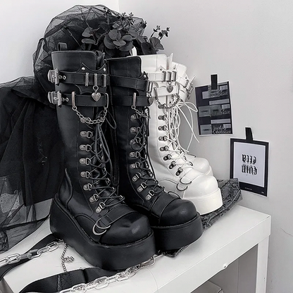 Lace-up and Buckle Straps Matte Black Platform Boots