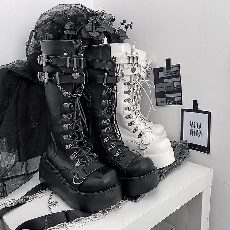 Knee High Punk Matte White Platform Boots