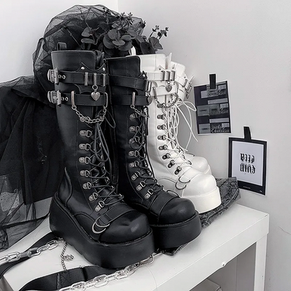 Knee High Punk Matte White Platform Boots