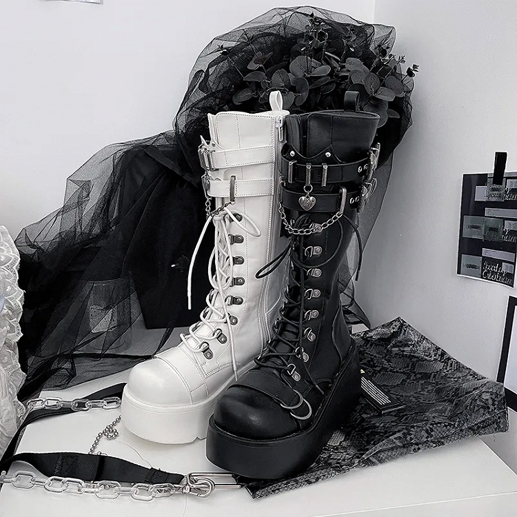 Knee High Punk Matte White Platform Boots