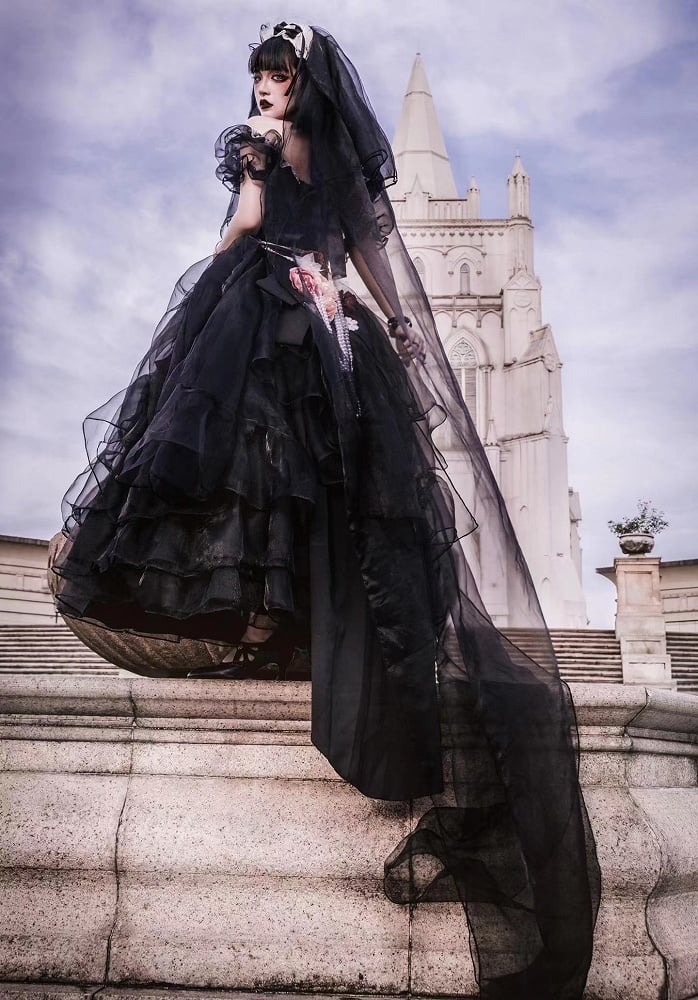 Clearance-Size XXL for Bust 117CM Princess Appointment Black Rose Design Off-the-shoulder Short Sleeves One Piece Full Set