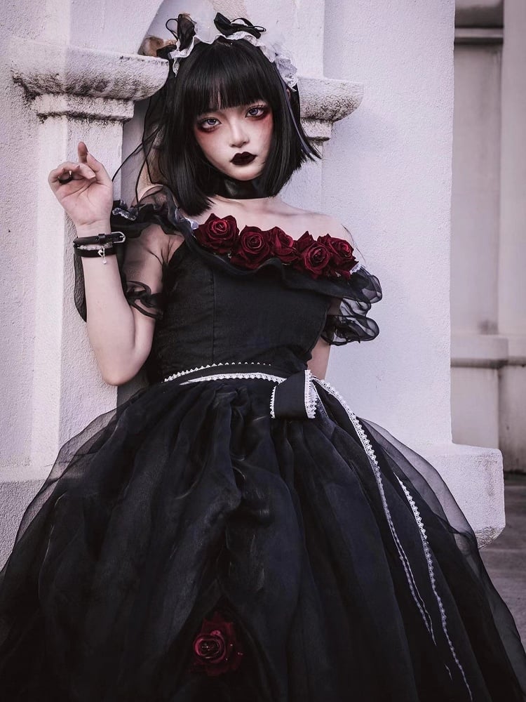 Clearance-Size XXL for Bust 117CM Princess Appointment Black Rose Design Off-the-shoulder Short Sleeves One Piece Full Set