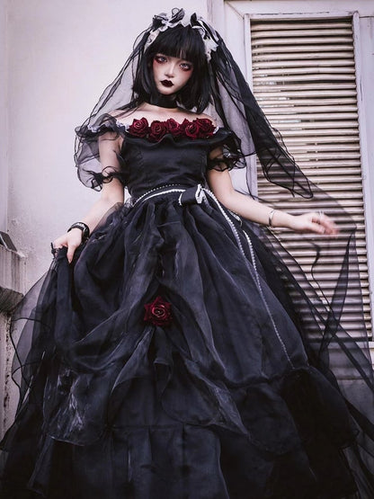 Clearance-Size XXL for Bust 117CM Princess Appointment Black Rose Design Off-the-shoulder Short Sleeves One Piece Full Set