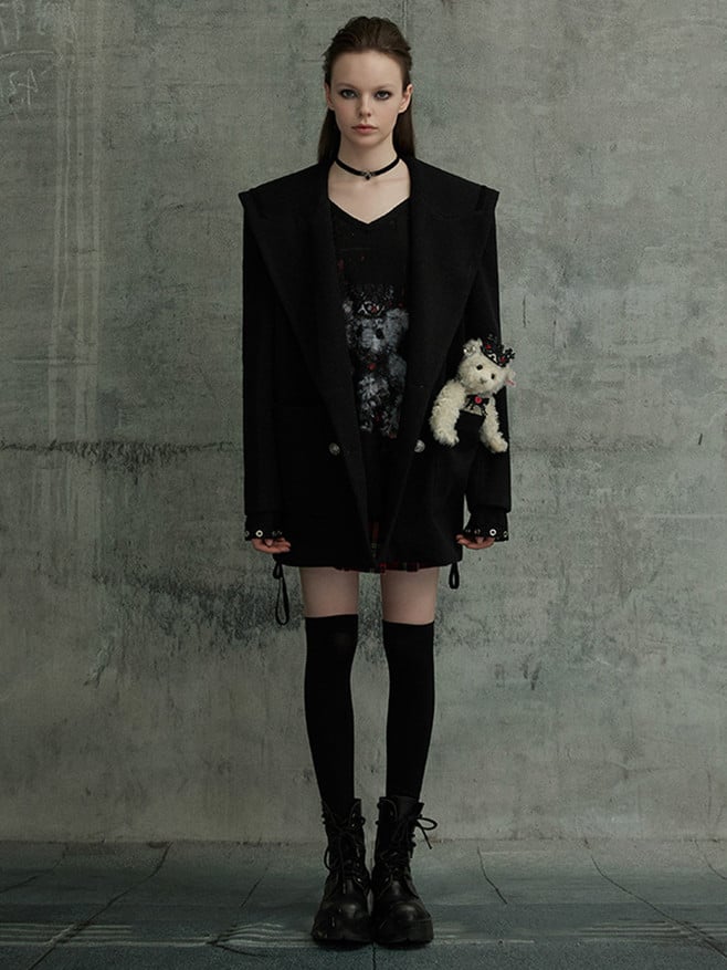 Clearance - Size M for Bust 116CM Black Sailor Collar Pea Coat